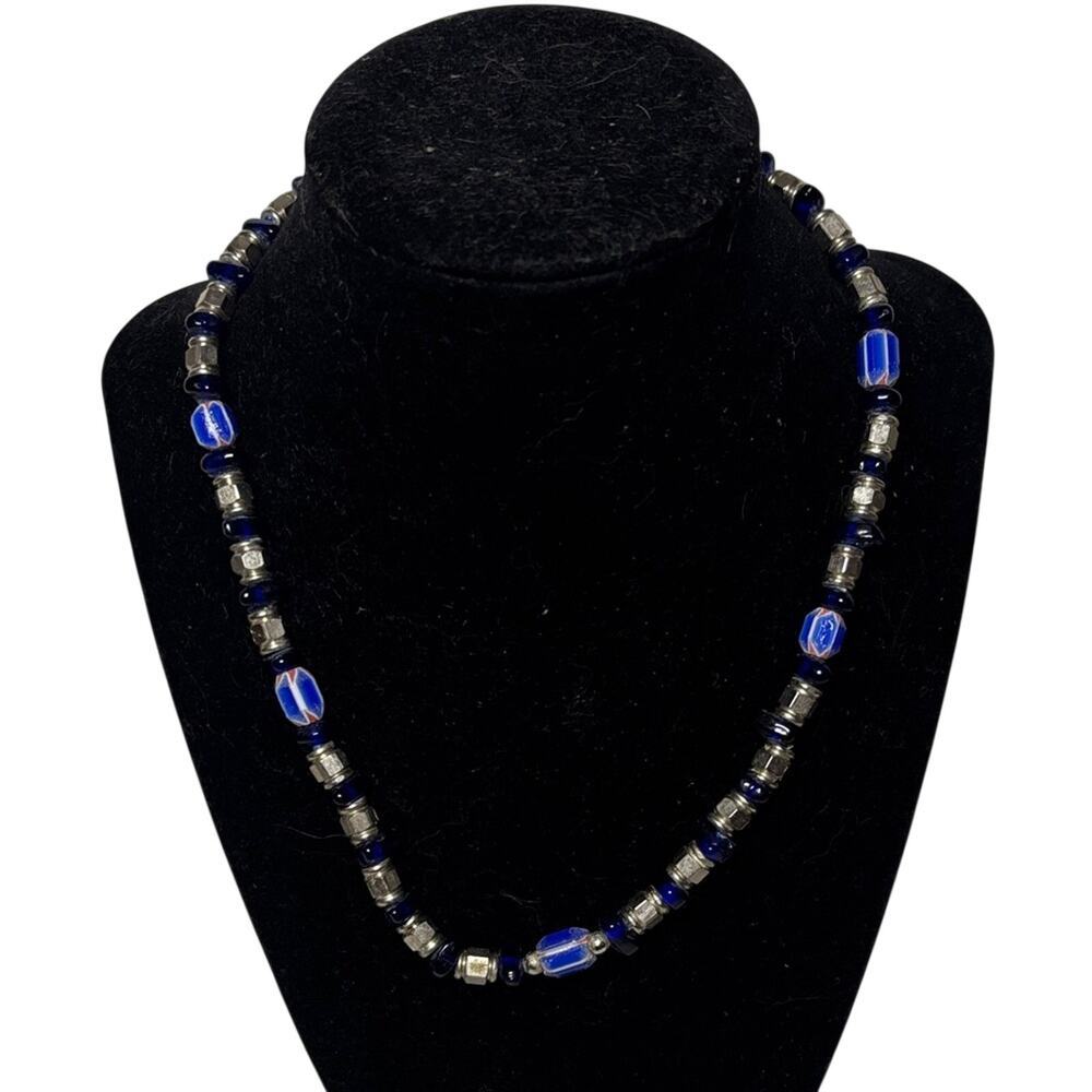 Vintage Cobalt Blue Glass Bead Necklace Silver Tone Spacer Beads 17” Boho Ethnic